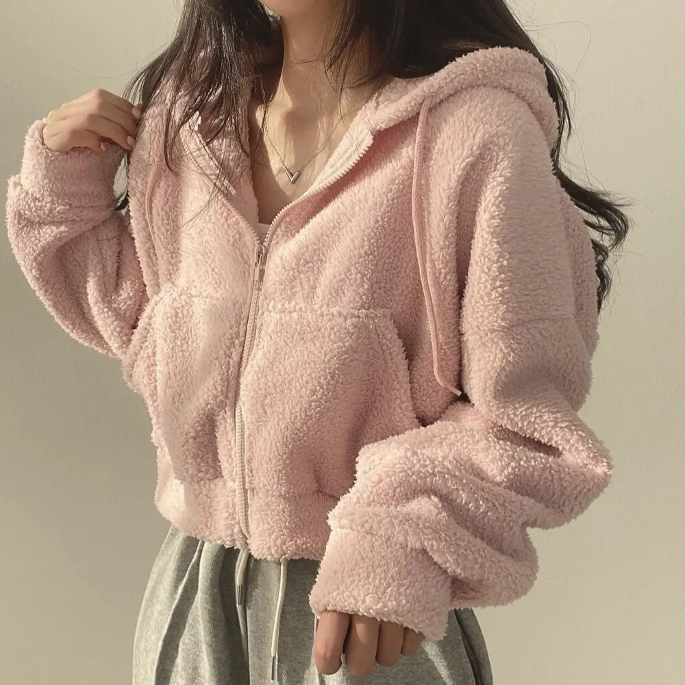 Korean Fashion Lamb Wool Zip Up Solid Short Hoodies Women Sweet Loose Hooded Sweatshirts Long Sleeve Tops Autumn 2023
Korean Fashion Lamb Wool Zip Up Solid Short Hoodies Women Sweet Loose Hooded Sweatshirts Long Sleeve Tops Autumn 2023