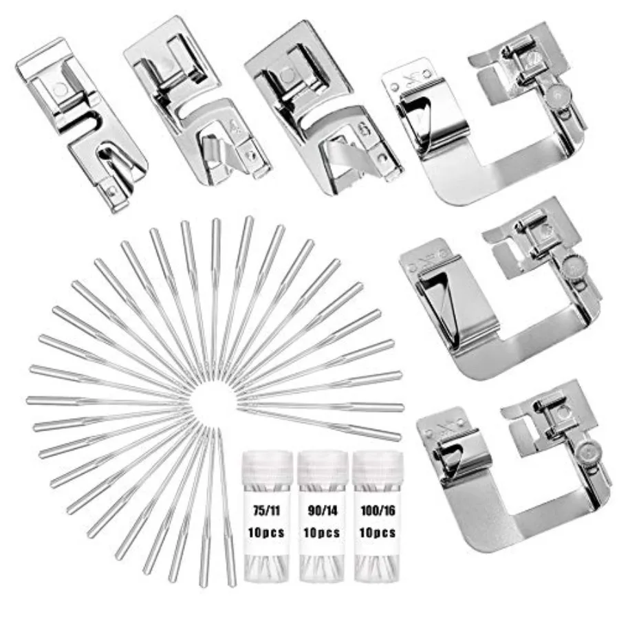6 Pcs Hemming Foot Kit - 3 Pcs Narrow Rolled Hem Sewing Machine Presser Foot, 3 Pcs Wide Hem Presser Foot and 30 Pcs Sewing Mac
6 Pcs Hemming Foot Kit - 3 Pcs Narrow Rolled Hem Sewing Machine Presser Foot, 3 Pcs Wide Hem Presser Foot and 30 Pcs Sewing Mac