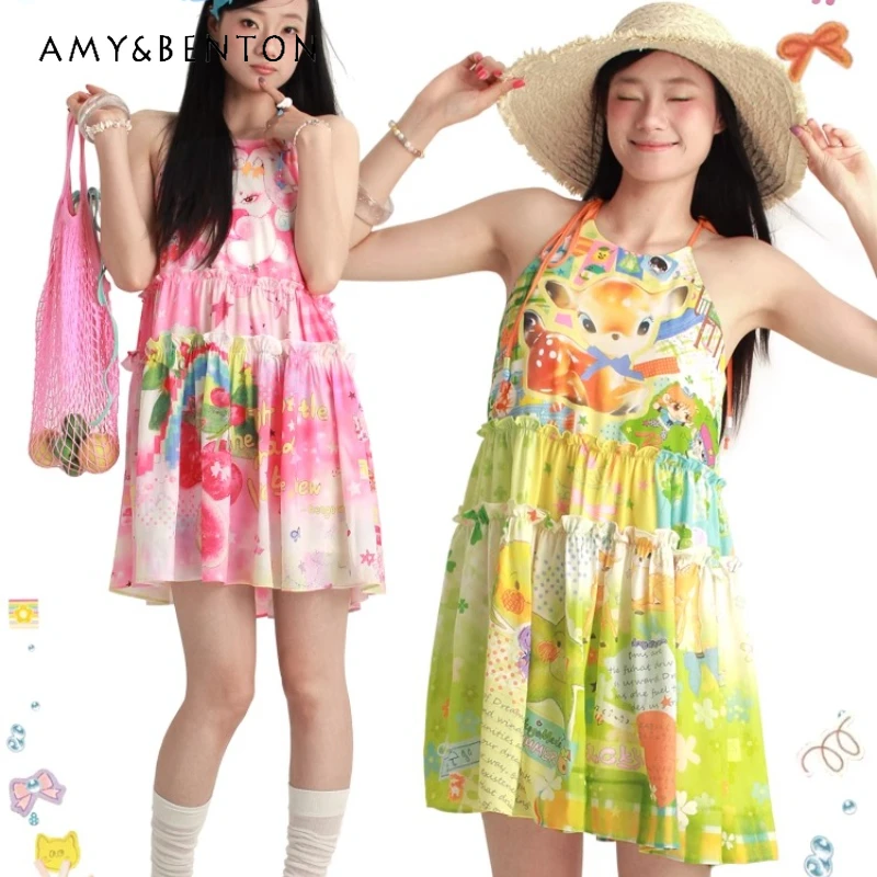 Japanese Original Sweet Women's Clothing Summer Pink Green Neck Dress Sweet Holiday Fungus Edge Bow Strap Short Dresses Ladies
Japanese Original Sweet Women's Clothing Summer Pink Green Neck Dress Sweet Holiday Fungus Edge Bow Strap Short Dresses Ladies