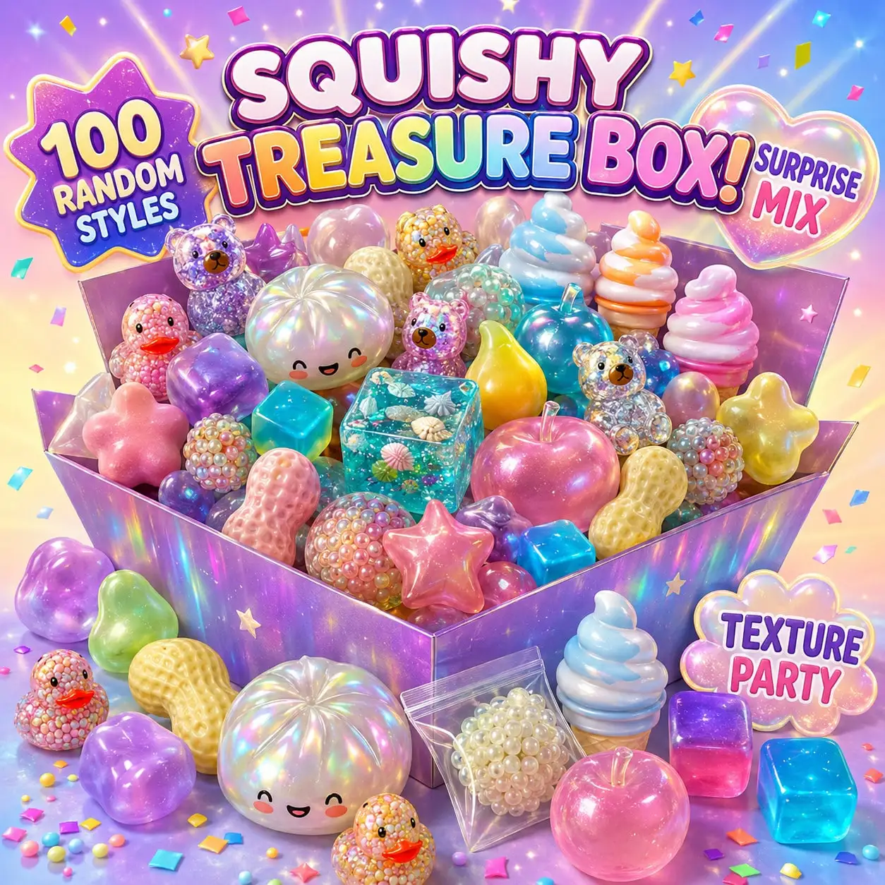 100pcs Surprise Box Squishy Toys, Assorted Random Style Squeeze Figures With Jellyfish, Panda, Rabbit, Duck, Food Shape, Funny Face, Fruit Shape And Colorful Mystery Toy Designs For Party Favor And Daily Desk Fun
100pcs Surprise Box Squishy Toys, Assorted Random Style Squeeze Figures With Jellyfish, Panda, Rabbit, Duck, Food Shape, Funny Face, Fruit Shape And Colorful Mystery Toy Designs For Party Favor And Daily Desk Fun