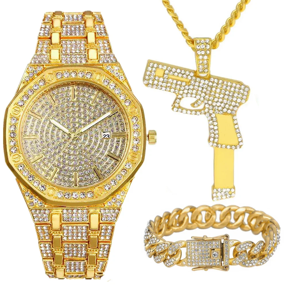 3pcs Iced Out Watch Necklace Bracelet for Men Luxury Diamond Gold Watch Men Bling Hip Hop Handgun Shooter Pendant Chains Jewelry
3pcs Iced Out Watch Necklace Bracelet for Men Luxury Diamond Gold Watch Men Bling Hip Hop Handgun Shooter Pendant Chains Jewelry