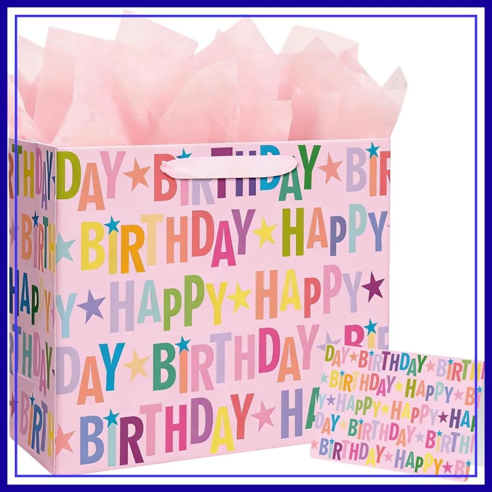 13" Pink Happy Birthday Gift Bag, Colorful Lettering Design with Card, Tissue Paper, Sturdy Handles for Party
13" Pink Happy Birthday Gift Bag, Colorful Lettering Design with Card, Tissue Paper, Sturdy Handles for Party