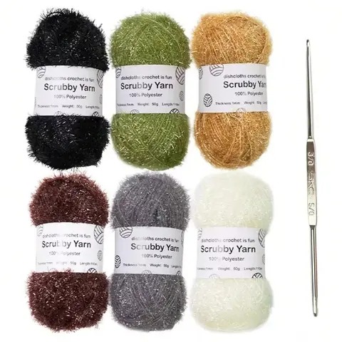 6pcs/set Scrubby Sparkle Yarn Polyester Scrubby Shiny Yarn Multi Colored Polyester Washcloths for DIY Knitting Project Kit