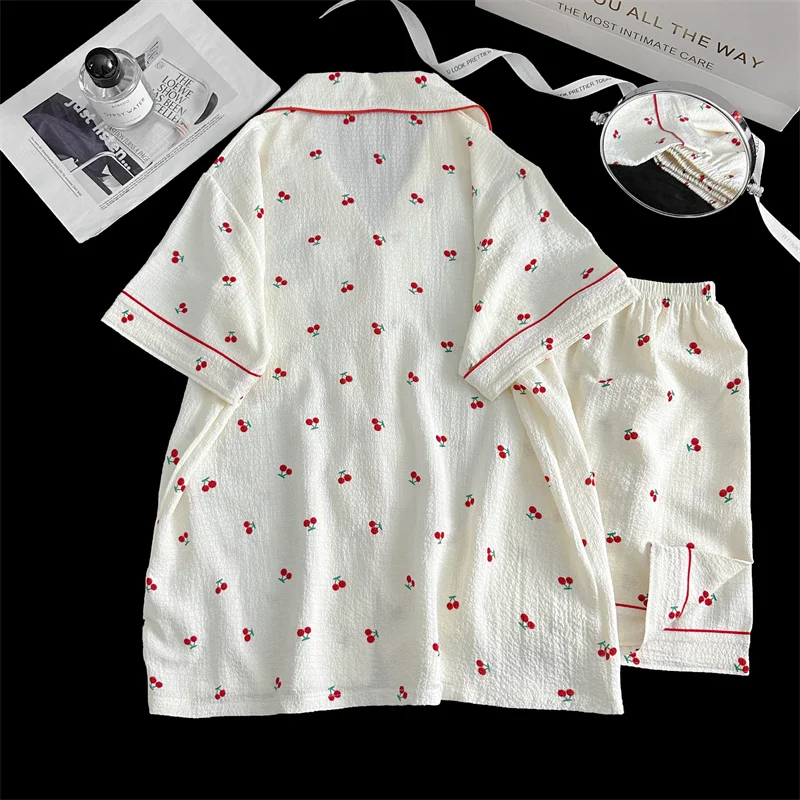 Summer Short Sleeve Sleepwear Women's Bubble Gauze Pleated Cardigan Sweet Little Cherry Thin Home Clothes Set Casual Style 24 S32cbee2a2a684d3fa091018d7b2295808