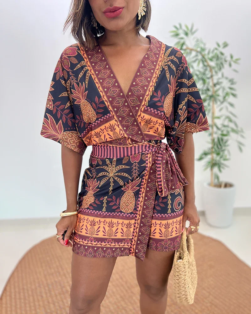 Women's vWomen's Tropical Print Romper V Neck Wrap Knot Side Jumpsuit Half Sleeve Beach Vacation Summer Skorts Romper
Women's vWomen's Tropical Print Romper V Neck Wrap Knot Side Jumpsuit Half Sleeve Beach Vacation Summer Skorts Romper