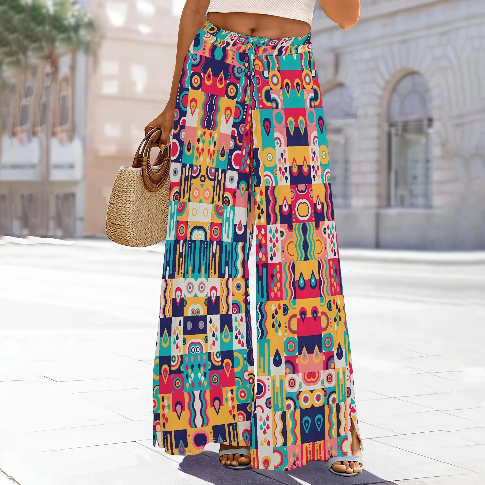 Women's High-Waisted Floral Print Wide-Leg Pants Adjustable Elastic Waist Pockets Back Slit Polyester Casual Summer Chic
Women's High-Waisted Floral Print Wide-Leg Pants Adjustable Elastic Waist Pockets Back Slit Polyester Casual Summer Chic