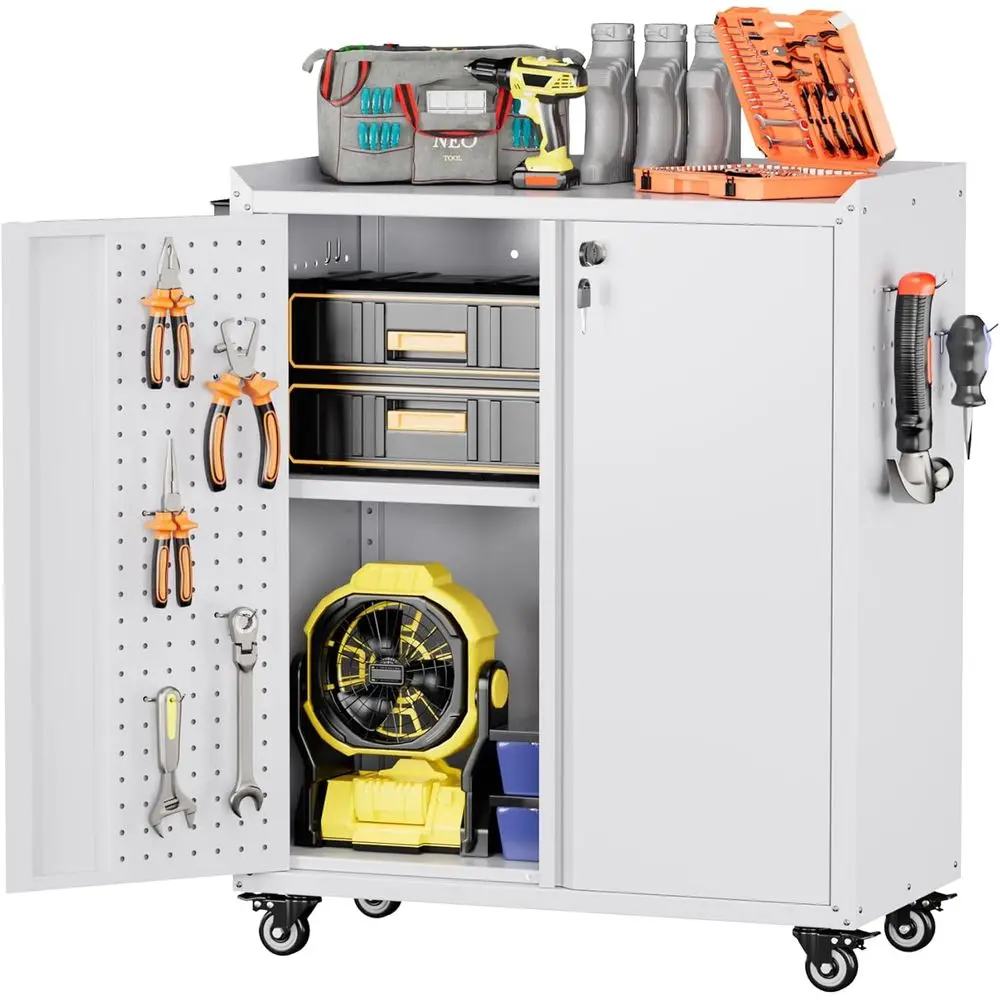 White Steel Garage Storage Cabinet with Wheels, Lockable Doors, and Pegboard Hooks - 13.8 D x 26 W x 31.5 H
White Steel Garage Storage Cabinet with Wheels, Lockable Doors, and Pegboard Hooks - 13.8 D x 26 W x 31.5 H