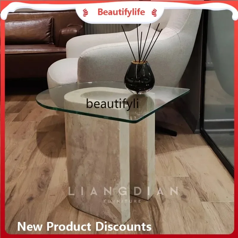 Natural travertine edge few Nordic designer home living room sofa creative glass side table
Natural travertine edge few Nordic designer home living room sofa creative glass side table