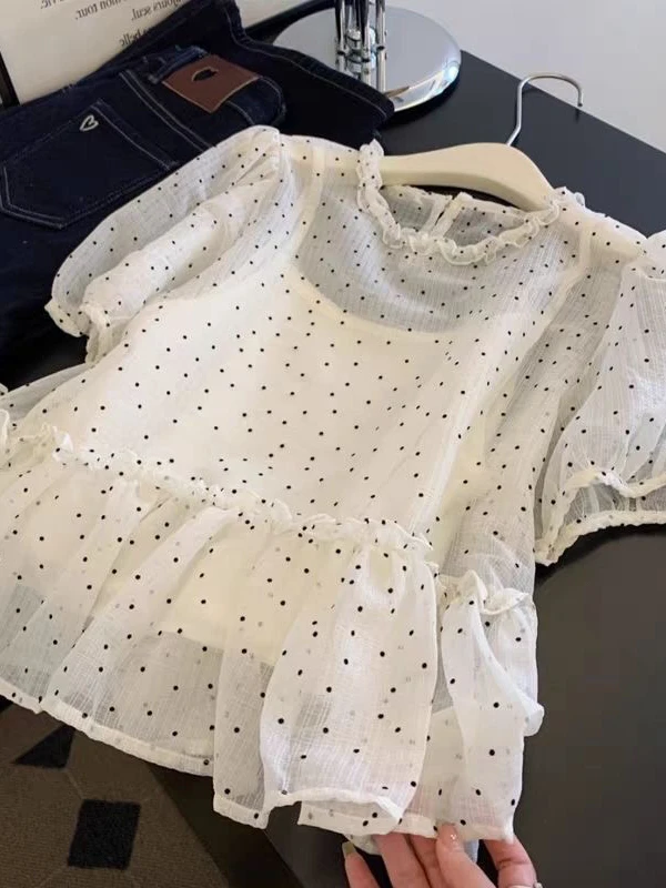 Chic Polka Dot Doll Shirt Women's Short Sleeve Lace Trim Silk Georgette Blouse Elegant Fashionable Summer Top by Guangzhou
Chic Polka Dot Doll Shirt Women's Short Sleeve Lace Trim Silk Georgette Blouse Elegant Fashionable Summer Top by Guangzhou
