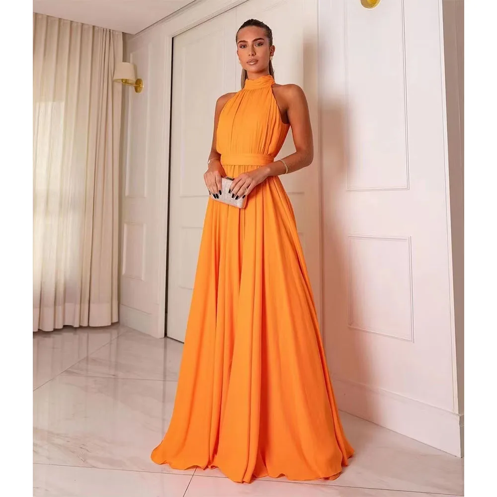 Elegant High Neck فساتين السهرة Sleeveless A-line Prom Dresses Halter Orange Chiffon Evening Dress Vestidos De Noche Customized
Elegant High Neck فساتين السهرة Sleeveless A-line Prom Dresses Halter Orange Chiffon Evening Dress Vestidos De Noche Customized
