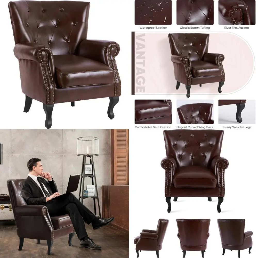 Mid-Century Modern Upholstered Accent Chair with Button Tufted and Rivet Trim for Living Room 
Mid-Century Modern Upholstered Accent Chair with Button Tufted and Rivet Trim for Living Room