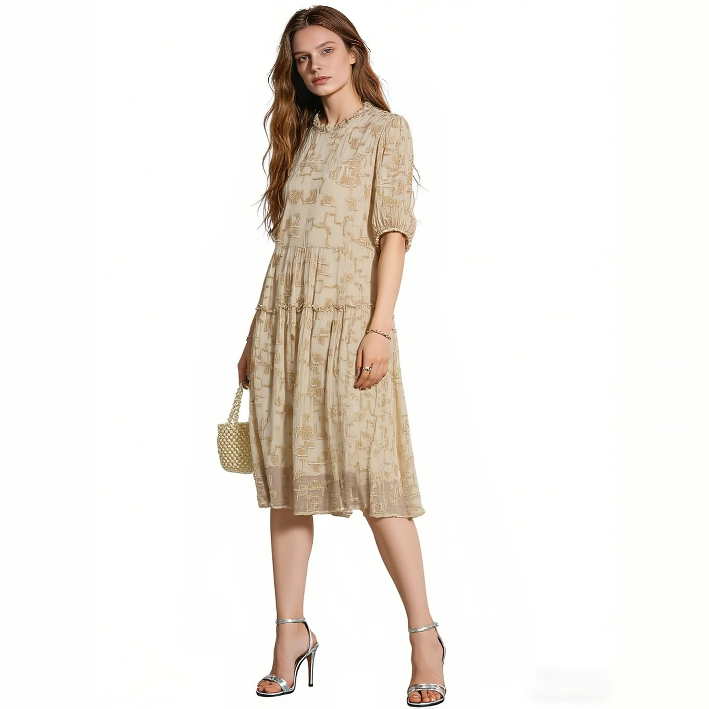 2026 Spring Women Textured Chiffon Midi Dress Ruffle Round Neck Puff Sleeve Tiered Casual Dresses Apricot
2026 Spring Women Textured Chiffon Midi Dress Ruffle Round Neck Puff Sleeve Tiered Casual Dresses Apricot