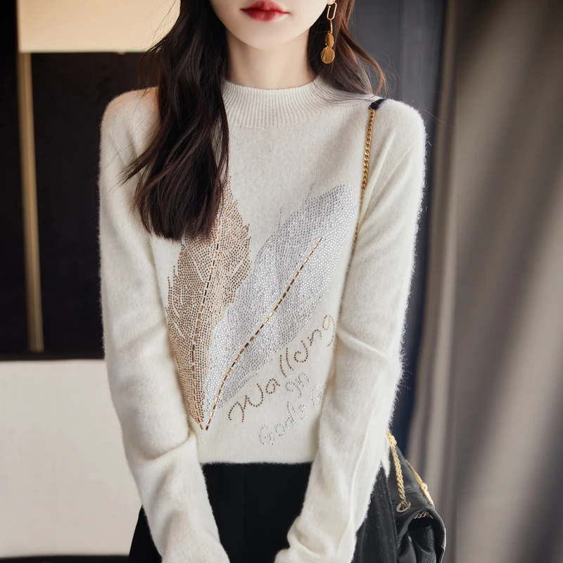 100% pure wool sweater with diamond studded pullover sweater, semi high neck, autumn and winter women's knitted sweater DMR-D303
100% pure wool sweater with diamond studded pullover sweater, semi high neck, autumn and winter women's knitted sweater DMR-D303