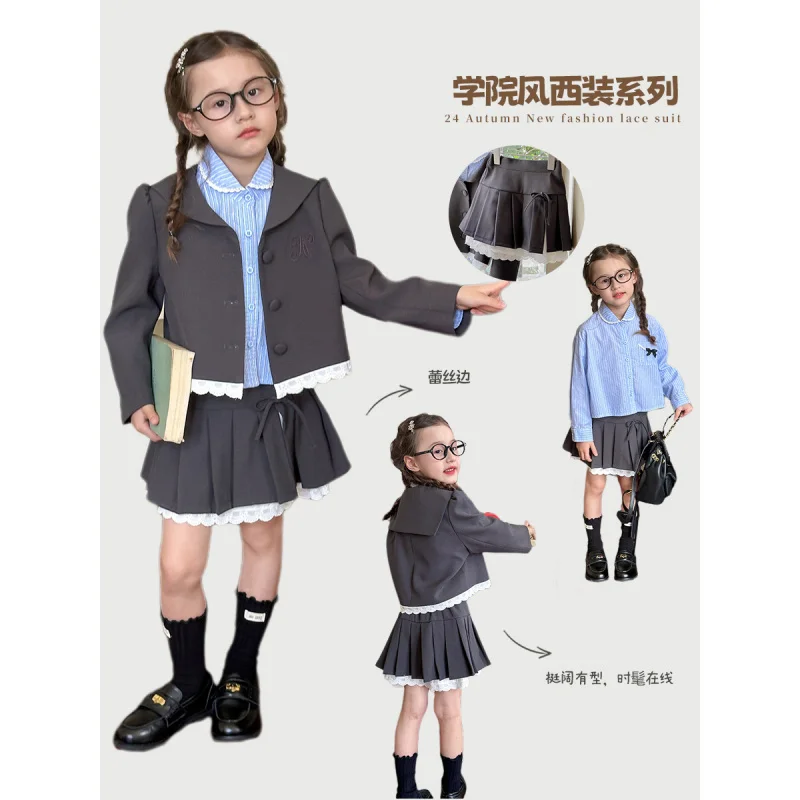 Medium and Large Little Girl Short Temperamental Lace Trim Suit Jacket+Pleated Skirt Two-Piece Suit Autumn
Medium and Large Little Girl Short Temperamental Lace Trim Suit Jacket+Pleated Skirt Two-Piece Suit Autumn