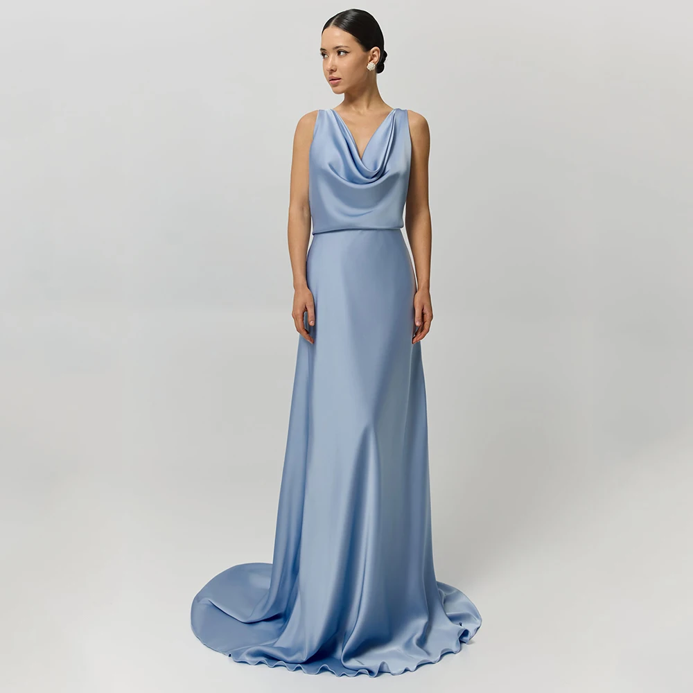 Simple Dusty Blue Sleeveless V-Neck Satin Evening Gown with Sweep Train Customized Dubai Backless A-Line Wedding Party Gowns
Simple Dusty Blue Sleeveless V-Neck Satin Evening Gown with Sweep Train Customized Dubai Backless A-Line Wedding Party Gowns