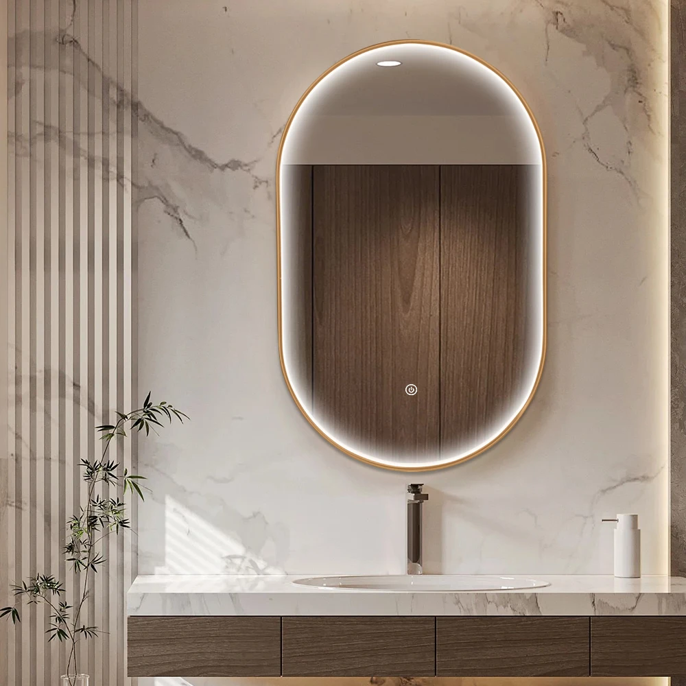 High Quality Luxury Oval LED Backlit LED Mirror With Gold Frame Dimmable Lighting & Anti-Fog Modern Vanity For Hotel, Salon
High Quality Luxury Oval LED Backlit LED Mirror With Gold Frame Dimmable Lighting & Anti-Fog Modern Vanity For Hotel, Salon