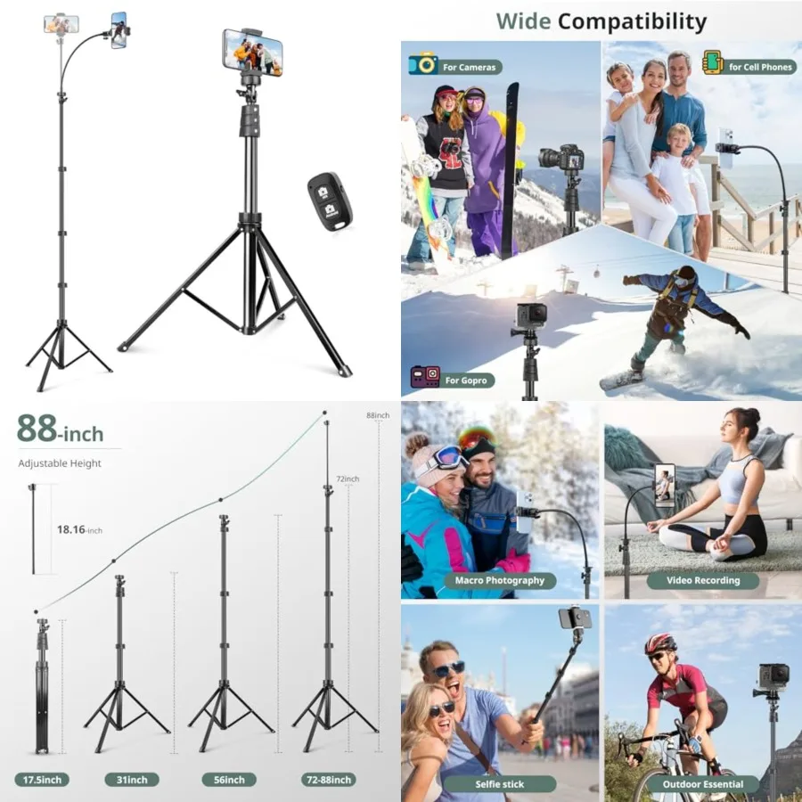 88" Phone Tripod, Selfie Stick Tripod with 14.95" Flexible Gooseneck, Overhead Cell Phone Stand for Video Recording, Photography, Compatible with Phone, Camera
88" Phone Tripod, Selfie Stick Tripod with 14.95" Flexible Gooseneck, Overhead Cell Phone Stand for Video Recording, Photography, Compatible with Phone, Camera
