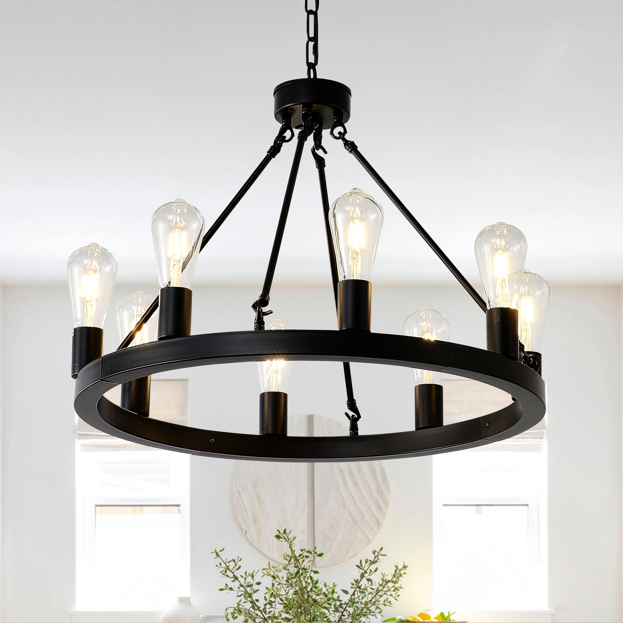 6-Light (No Bulbs) Matte Black Wagon Wheel Chandelier Farmhouse Modern Small Round Chandelier for Living Room Kitchen Island Foy
6-Light (No Bulbs) Matte Black Wagon Wheel Chandelier Farmhouse Modern Small Round Chandelier for Living Room Kitchen Island Foy