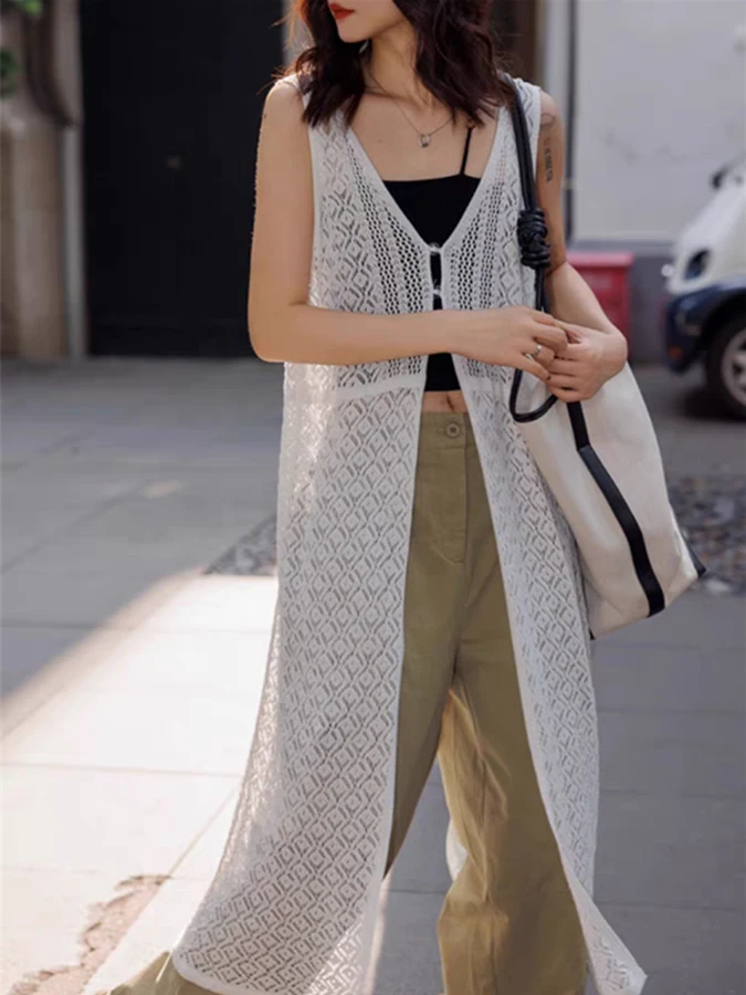 Summer New Women's Hollow out Knitted Vest Long Thin Loose Outerwear Versatile Top Korean Style Soft Polyester Blend
Summer New Women's Hollow out Knitted Vest Long Thin Loose Outerwear Versatile Top Korean Style Soft Polyester Blend