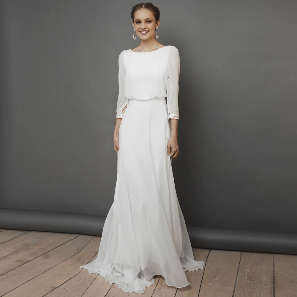 Graceful Boat Neck Three Quarter Sleeves Chiffon A-Line Wedding Dress with Keyhole Back Customized Sweep Train Bridal Gowns
Graceful Boat Neck Three Quarter Sleeves Chiffon A-Line Wedding Dress with Keyhole Back Customized Sweep Train Bridal Gowns