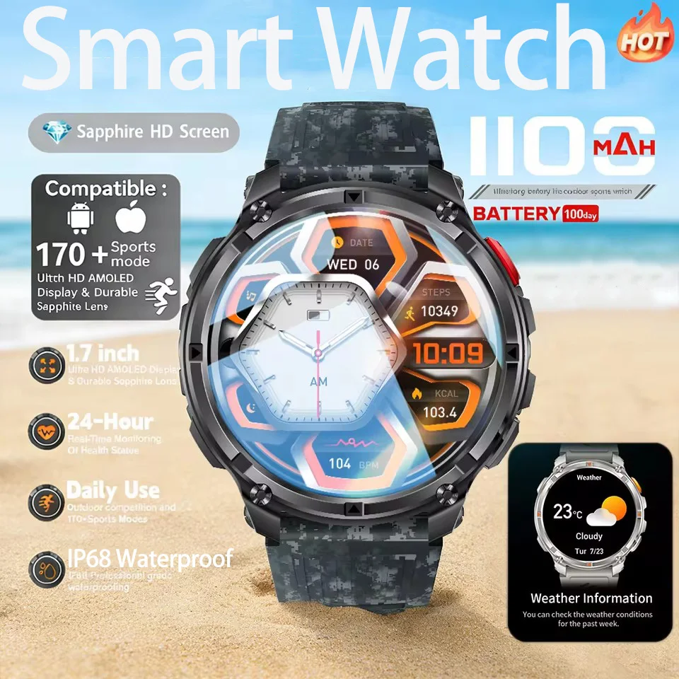 New Men's Outdoor Sports Smart Watch 1100mAh Battery Compass IP68 Waterproof LED Flashlight Voice Assistant BT Call Smart Watch
New Men's Outdoor Sports Smart Watch 1100mAh Battery Compass IP68 Waterproof LED Flashlight Voice Assistant BT Call Smart Watch