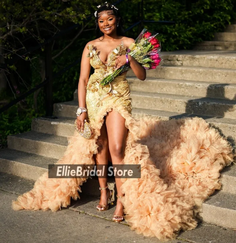 Sexy Gold Prom Dresses For Black Girls 2025 Applique Long Mermaid Party Dress Ruffles African Evening Gowns Customized
Sexy Gold Prom Dresses For Black Girls 2025 Applique Long Mermaid Party Dress Ruffles African Evening Gowns Customized