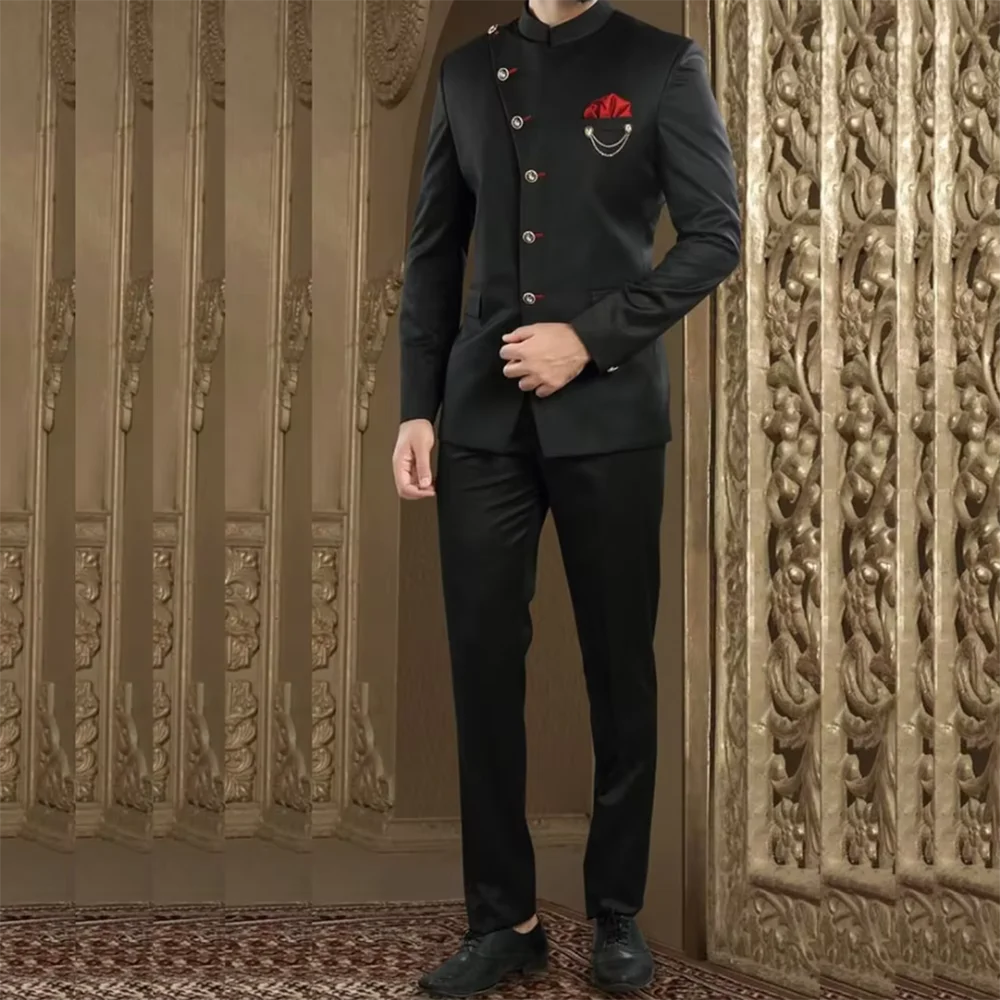 Fashion Gentlemen Men Suits Black Full Set Single Breasted Stand Lapel 2 Piece Jacket Pants Formal Outfits Set Customized
Fashion Gentlemen Men Suits Black Full Set Single Breasted Stand Lapel 2 Piece Jacket Pants Formal Outfits Set Customized