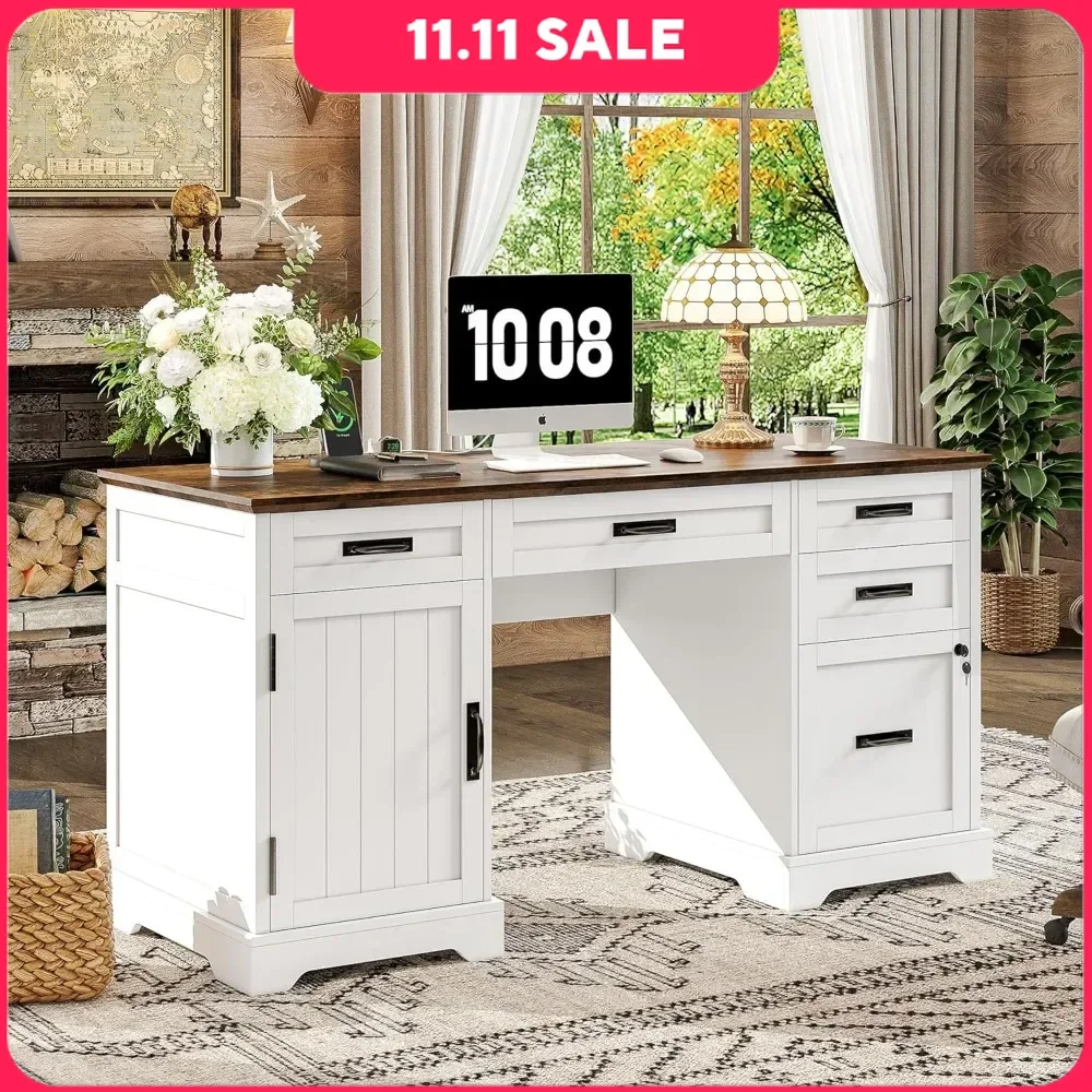 55'' Farmhouse Executive Desk, Home Office Desk with Drawers, Wood Computert Desk with File Cabinet and Power Outlets, White
55'' Farmhouse Executive Desk, Home Office Desk with Drawers, Wood Computert Desk with File Cabinet and Power Outlets, White