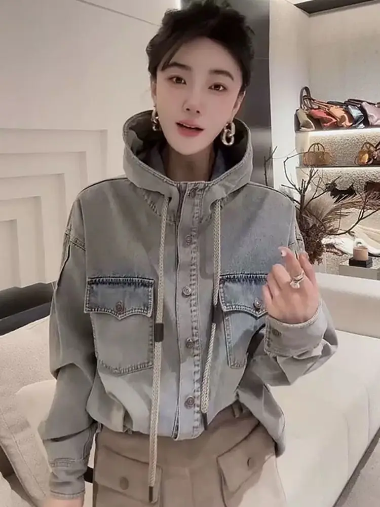Retro Hooded Long Sve Denim irt Women's Spring Autumn Casual Loose Workwear Jaet Outerwear Single Button Korean Sle
Retro Hooded Long Sve Denim irt Women's Spring Autumn Casual Loose Workwear Jaet Outerwear Single Button Korean Sle