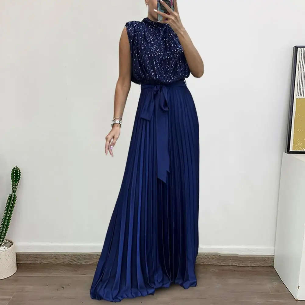 Women Maxi Dress Sequin Sleeveless Lace-up Tight Waist Hollow Back Pleated Stand Collar Prom Party Evening Dress Long Dress
Women Maxi Dress Sequin Sleeveless Lace-up Tight Waist Hollow Back Pleated Stand Collar Prom Party Evening Dress Long Dress