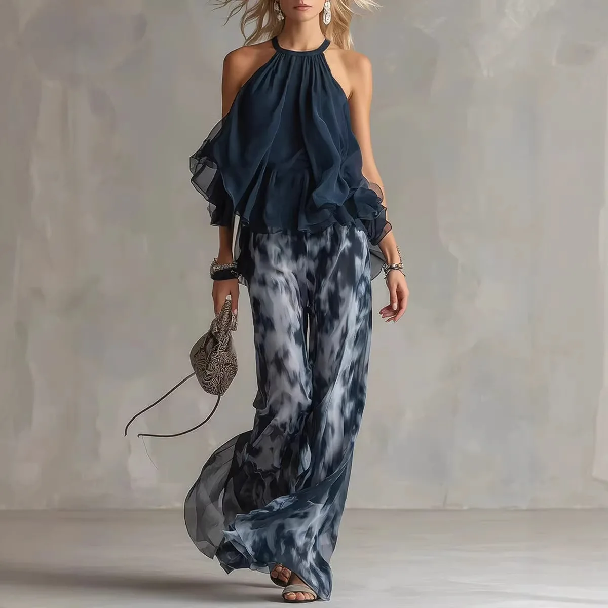 Chiffon Outfit Fashion Women Summer 2PCS Matching Set Sleeveless Halter Top And Tie-dye Print Wide Leg Pant Pocket Streetwear
Chiffon Outfit Fashion Women Summer 2PCS Matching Set Sleeveless Halter Top And Tie-dye Print Wide Leg Pant Pocket Streetwear