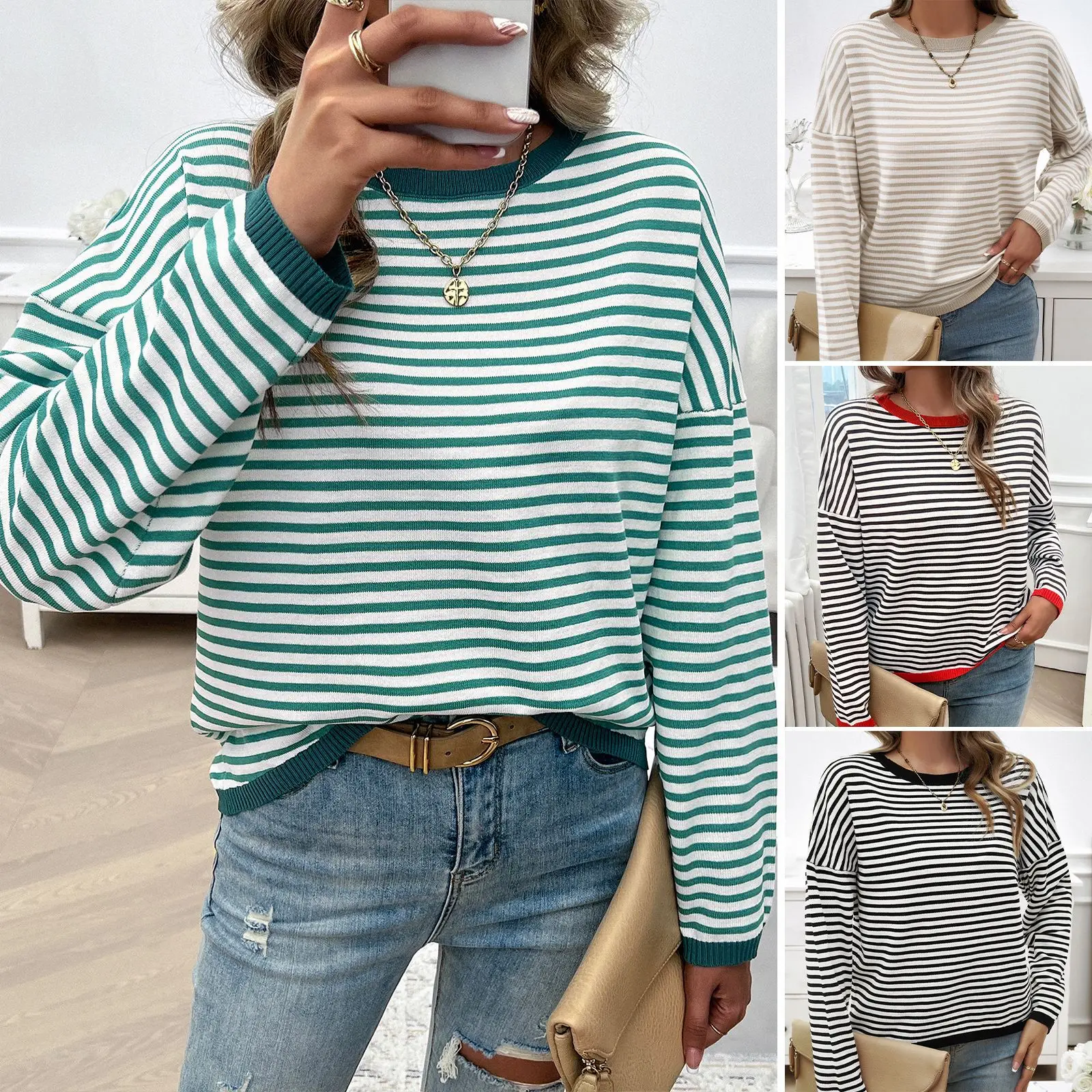 2024 Autumn And Winter Top Women's Temperament Casual Crew Neck Striped Sweater 
2024 Autumn And Winter Top Women's Temperament Casual Crew Neck Striped Sweater