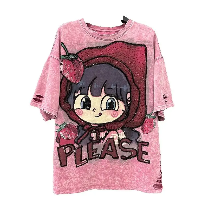 Hole Design Summer Women Tshirts Cute Girl Sequins Strawberry Pink Tees Oversize Pullover Top Mid-length Half Sleeve Cotton Tops
Hole Design Summer Women Tshirts Cute Girl Sequins Strawberry Pink Tees Oversize Pullover Top Mid-length Half Sleeve Cotton Tops