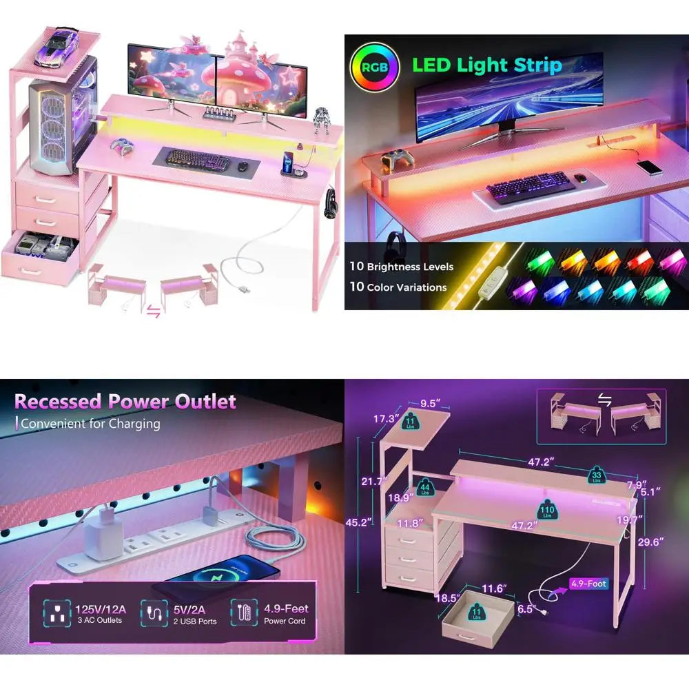 59 Inch AODK Gaming Desk with USB Ports, LED Lighting, and Reversible Design featuring Storage Shelves and Monitor Stand
59 Inch AODK Gaming Desk with USB Ports, LED Lighting, and Reversible Design featuring Storage Shelves and Monitor Stand