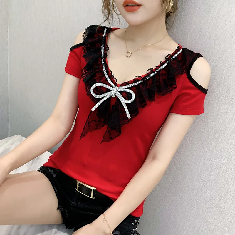 Black White Red Short Sleeve T Shirt Women Spliced Lace V Neck Sexy Off Shoulder T Shirt Cotton Tight Women's T-shirt Slim
Black White Red Short Sleeve T Shirt Women Spliced Lace V Neck Sexy Off Shoulder T Shirt Cotton Tight Women's T-shirt Slim
