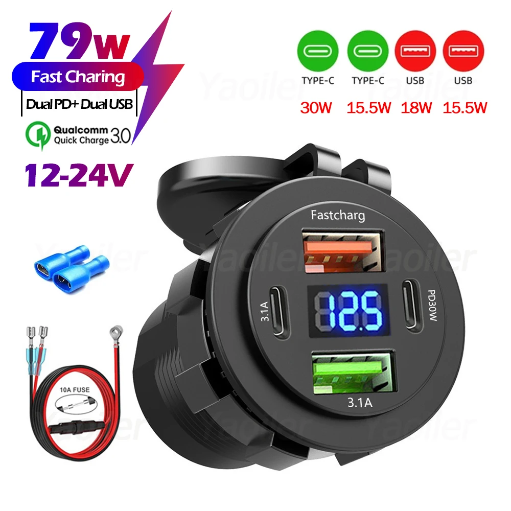 New 79W Dual PD Type-C Dual QC3.0 USB Car Charger Socket with Voltmeter Power Outlet Adapter Waterproof for 12V/24V RV Car Boat 
New 79W Dual PD Type-C Dual QC3.0 USB Car Charger Socket with Voltmeter Power Outlet Adapter Waterproof for 12V/24V RV Car Boat