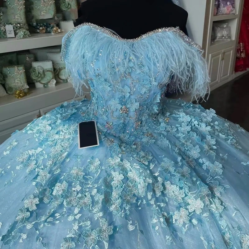 Customized Sky Blue Princess Girl Quinceanera Dresses Crystal Feather Lace Up Ball Gown Prom Party Dress Vestido De xv Anos 2025
Customized Sky Blue Princess Girl Quinceanera Dresses Crystal Feather Lace Up Ball Gown Prom Party Dress Vestido De xv Anos 2025