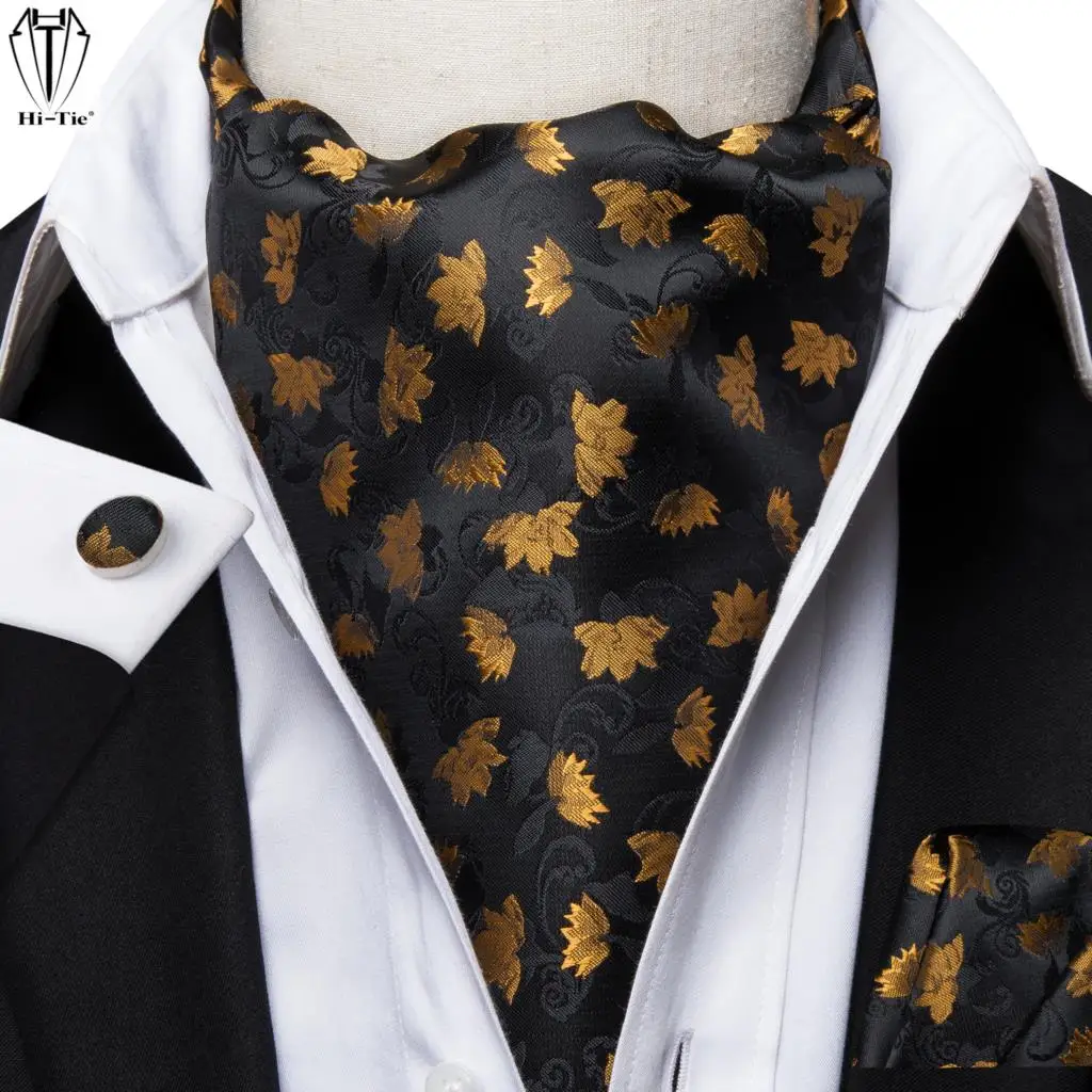 Hi-Tie Black Gold Maple Leaves Silk Mens Ascots Hanky Cufflinks Set Jacquard Vintage Cravat Tie Scarf for Male Casual Formal
Hi-Tie Black Gold Maple Leaves Silk Mens Ascots Hanky Cufflinks Set Jacquard Vintage Cravat Tie Scarf for Male Casual Formal