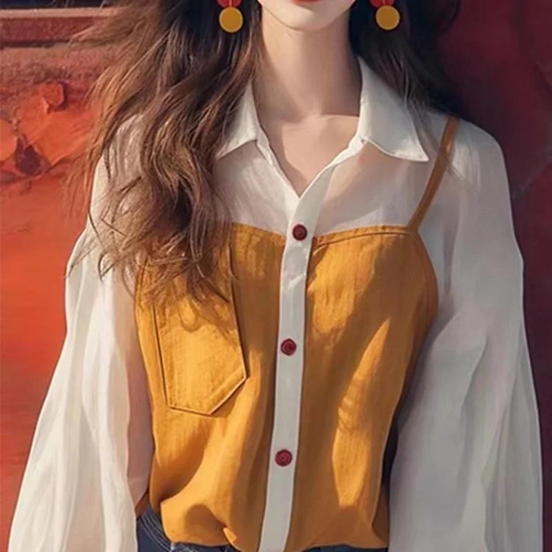 Spring New Patchwork Color Fake Two-Piece Turn-Down Collar Loose Women's Wear Single Breasted Office Lady Long Sleeve Shirt
Spring New Patchwork Color Fake Two-Piece Turn-Down Collar Loose Women's Wear Single Breasted Office Lady Long Sleeve Shirt