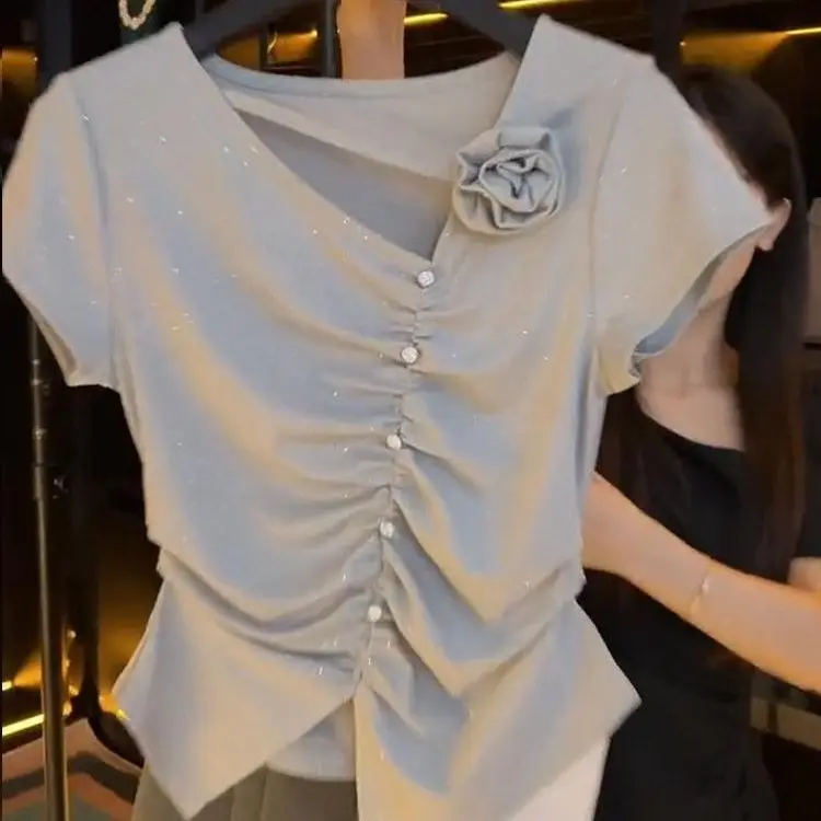French three-dimensional flower short sleeve shoulder T-shirt women's summer new fashion irregular design slim short niche top
French three-dimensional flower short sleeve shoulder T-shirt women's summer new fashion irregular design slim short niche top