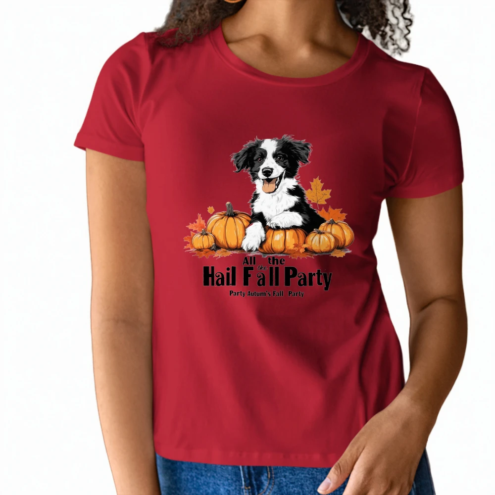 Festive Womens Short Sleeve T Shirt All the Hail Fall Party Design with Dog Pumpkin Graphic for an Autumn - themed Summer Look
Festive Womens Short Sleeve T Shirt All the Hail Fall Party Design with Dog Pumpkin Graphic for an Autumn - themed Summer Look