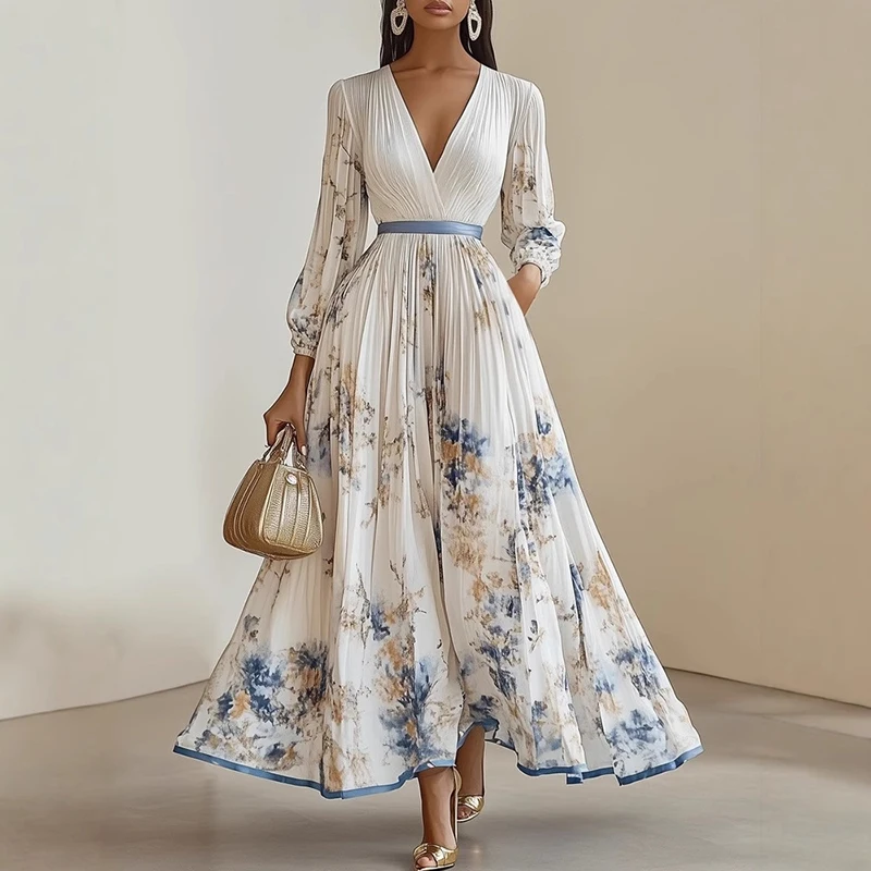 Vintage Bohemian Commuter Maxi Dress Flower Print Waist Pleated Holiday Dress Spring Sexy Ladies Deep V Long Sleeved Swing Dress
Vintage Bohemian Commuter Maxi Dress Flower Print Waist Pleated Holiday Dress Spring Sexy Ladies Deep V Long Sleeved Swing Dress