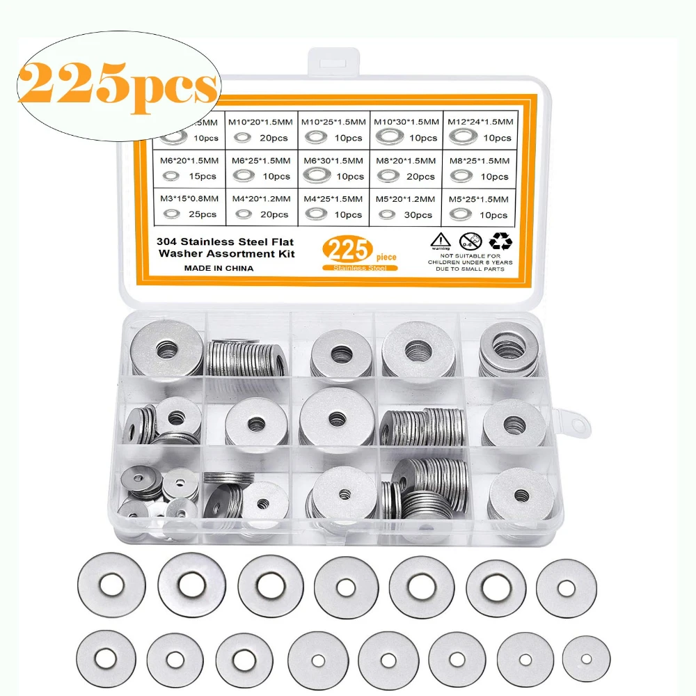 225pcs 304 Stainless Steel Enlarged Flat Washers Set 300pcs Imperial Flat Washers O-ring Washers Flat Gaskets Hardware Fasteners
225pcs 304 Stainless Steel Enlarged Flat Washers Set 300pcs Imperial Flat Washers O-ring Washers Flat Gaskets Hardware Fasteners