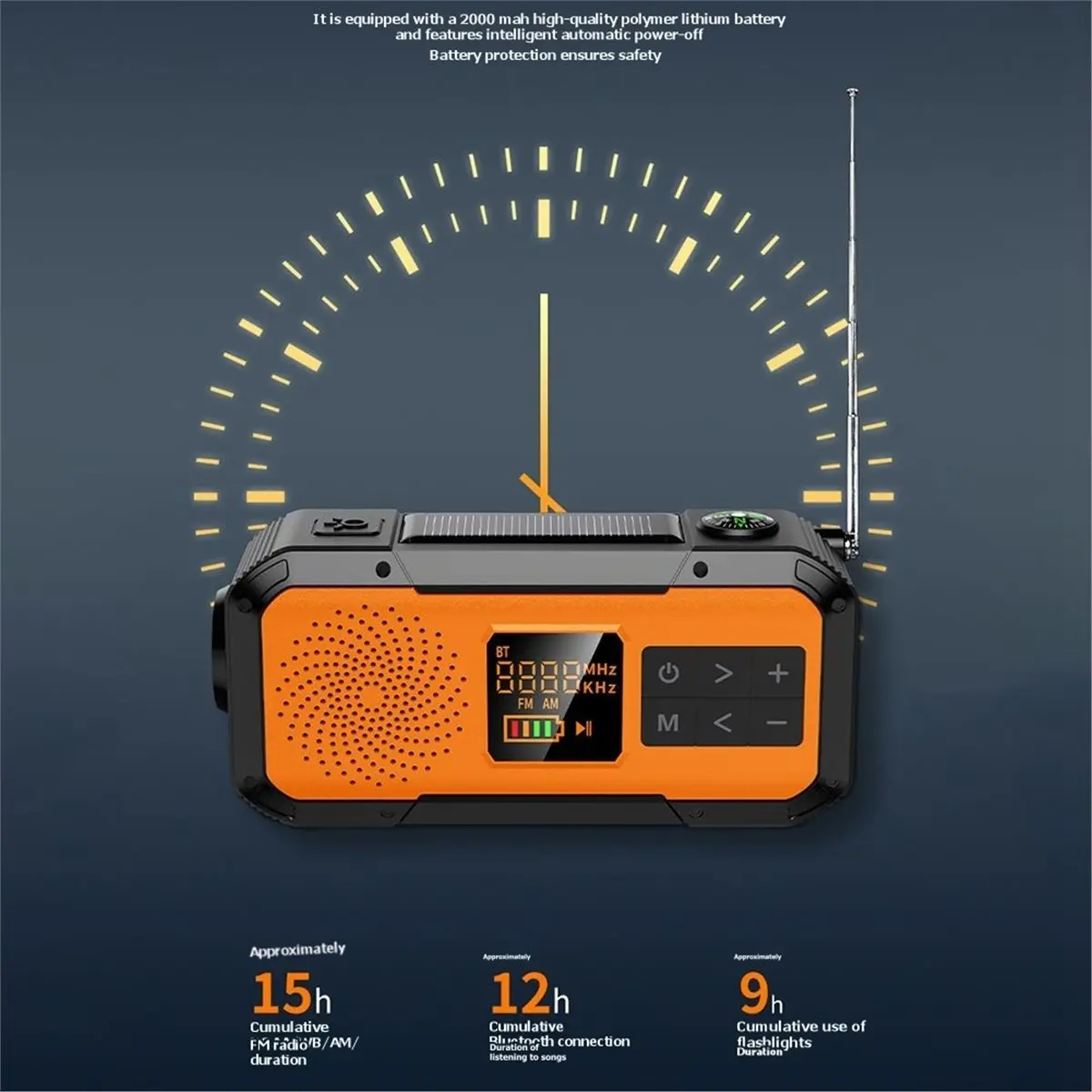 Солнечное радио CLOS с ручным приводом, Bluetooth, фонариком, компасом и функцией SOS, портативное, с поддержкой NOAA/WB/AM/FM для кемпинга и выживания на природе
Солнечное радио CLOS с ручным приводом, Bluetooth, фонариком, компасом и функцией SOS, портативное, с поддержкой NOAA/WB/AM/FM для кемпинга и выживания на природе