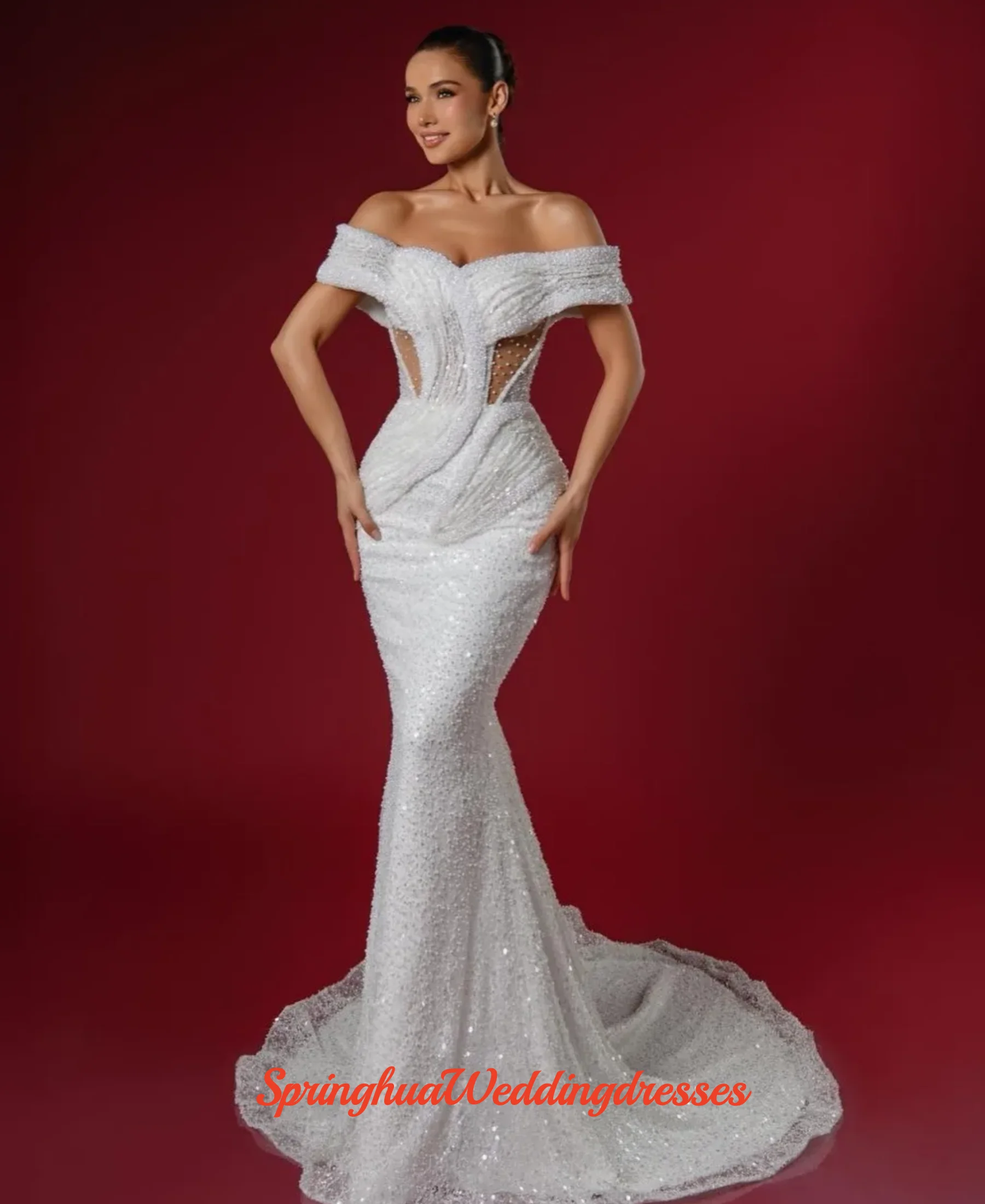 Customized Graceful Wedding Dresses Sequins Pearls Mermaid Bridal Gowns Off Shoulder Backless Sweep Train Vestidos De Novia
Customized Graceful Wedding Dresses Sequins Pearls Mermaid Bridal Gowns Off Shoulder Backless Sweep Train Vestidos De Novia