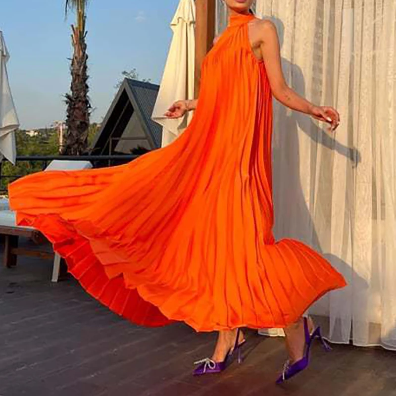 Spring Summer Half High Neck Loose Women Dress Casual Multi-color Pleated Long Dress 2025 Sexy Sleeveless High Waist Party Dress
Spring Summer Half High Neck Loose Women Dress Casual Multi-color Pleated Long Dress 2025 Sexy Sleeveless High Waist Party Dress