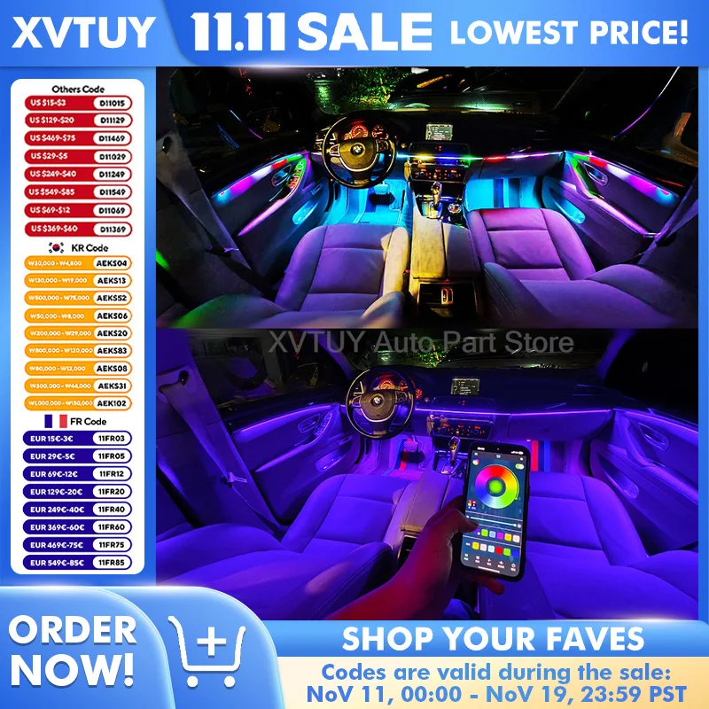 Автомобильный комплект окружающего освещения RGB Flow, светодиодная лампа для украшения интерьера, управление через приложение, синхронизация звука, дверь, приборная панель, комплект атмосферного освещения для ног
Автомобильный комплект окружающего освещения RGB Flow, светодиодная лампа для украшения интерьера, управление через приложение, синхронизация звука, дверь, приборная панель, комплект атмосферного освещения для ног