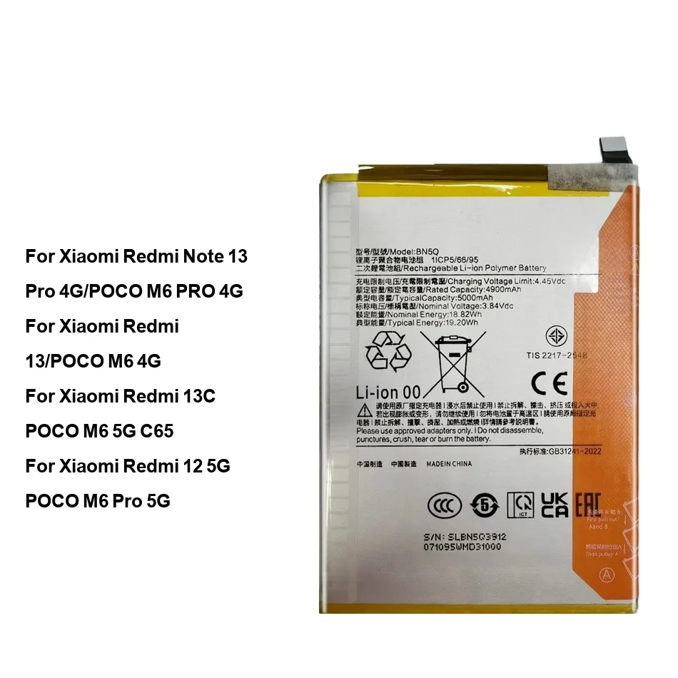 Аккумулятор для мобильного телефона с длительным сроком службы BN5Q BN5T BM5R 5000-5030 мАч для Xiaomi Redmi 13C Note 12 13 Poco M6 Pro 4G 5G
Аккумулятор для мобильного телефона с длительным сроком службы BN5Q BN5T BM5R 5000-5030 мАч для Xiaomi Redmi 13C Note 12 13 Poco M6 Pro 4G 5G