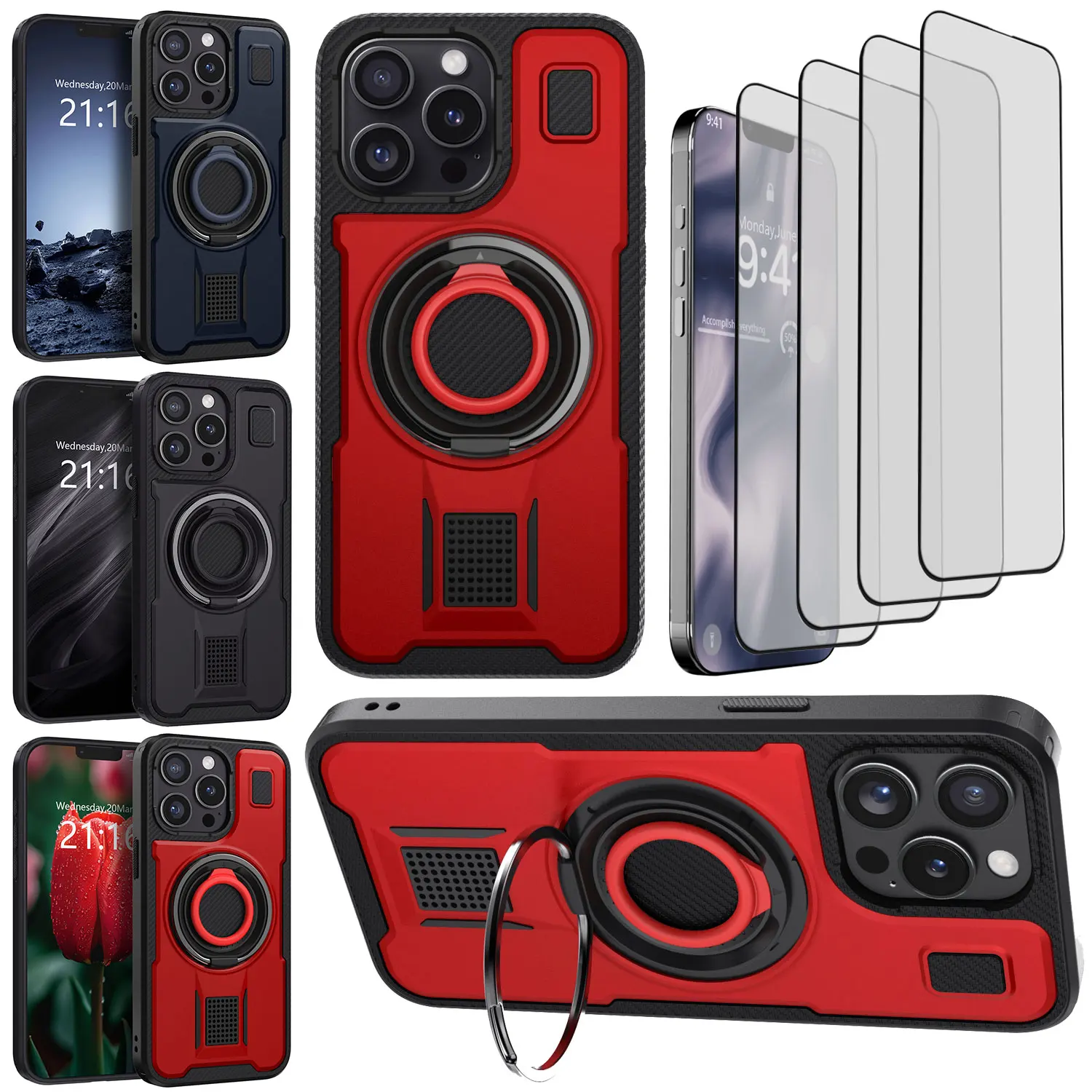 For iPhone 13/13 Pro/13 Pro Max Hybrid Rugged Phone Case Ring Kickstand Holder +4pcs Clear Tempered Glass Screen Protectors
For iPhone 13/13 Pro/13 Pro Max Hybrid Rugged Phone Case Ring Kickstand Holder +4pcs Clear Tempered Glass Screen Protectors