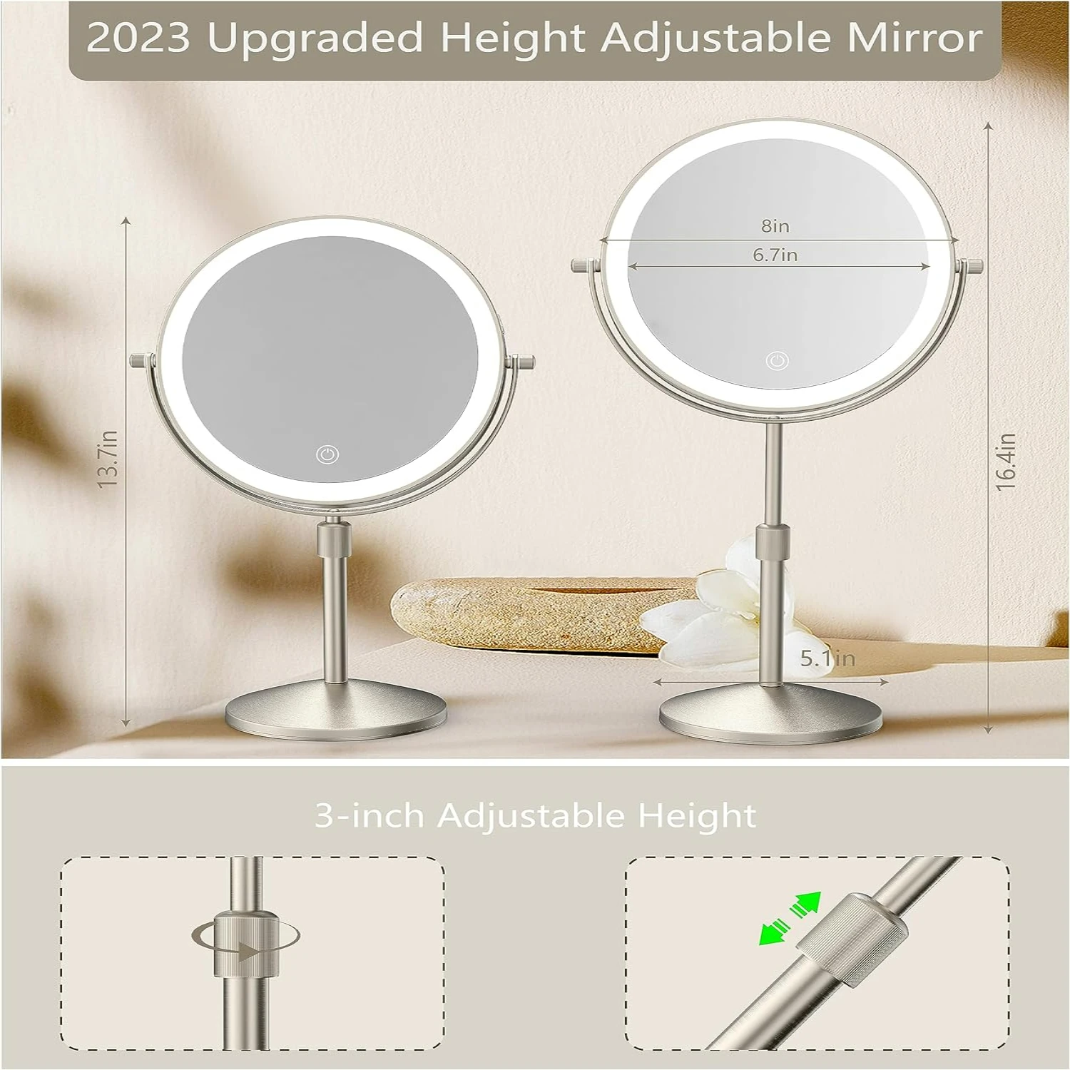 Rechargeable Stunning Gold 8 Inch Lighted Makeup Mirror with Adjustable Height and Brightness, Double Sided 1X/10X Magnification
Rechargeable Stunning Gold 8 Inch Lighted Makeup Mirror with Adjustable Height and Brightness, Double Sided 1X/10X Magnification
